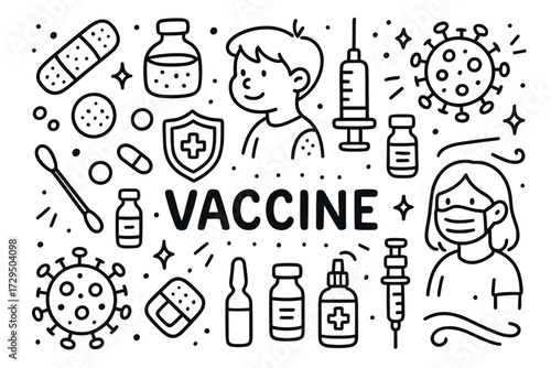 Child vaccination concept with doodles of medical items and characters