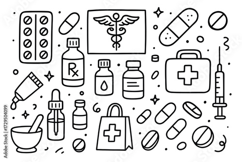 Hand-drawn medical supplies: bottles, pills, first aid kit, mortar and pestle, syringe