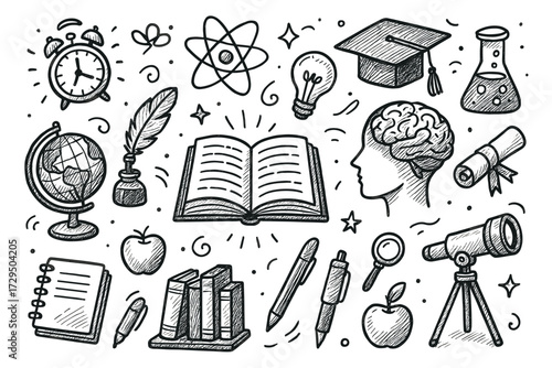 Doodle art depicting education and science with books, globe, and telescope