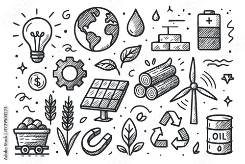 Doodle icons of renewable and non-renewable energy sources