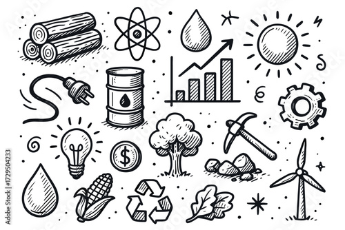 Doodle illustrations of renewable energy and environmental symbols