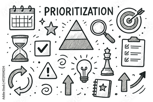 Hand-drawn prioritization concept with planning icons and symbols