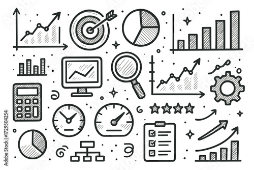 Hand-drawn business analytics icons: charts, graphs, and tools collection