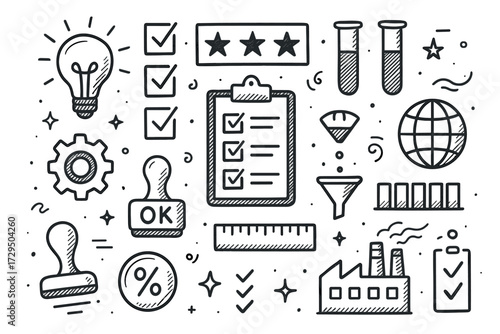 Quality control doodle art with icons of checklist, factory, and lightbulb