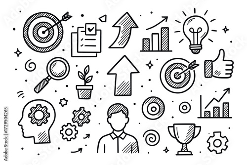 Creative business icons: brainstorming, growth, and success concepts illustrated