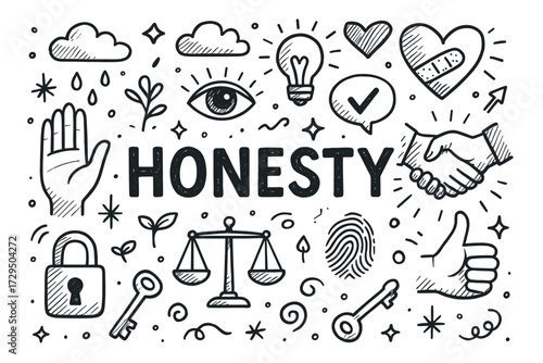 Symbols of honesty: scales, handshake, heart, lightbulb, and keys in black and white doodles