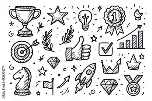 Hand-drawn doodle set with trophy, lightbulb, and graph for success and achievement themes