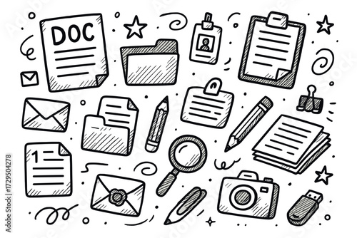 Hand-drawn office supplies and documents doodle set with icons