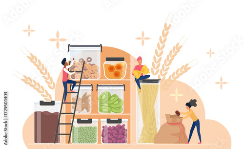 Healthy pantry organization with people storing dry food, grains, pasta, snacks, and dried fruit in transparent containers for kitchen storage and meal planning vector illustration