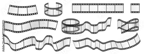 Classic film strips in various curved and straight shapes perfect for cinema, movie, photography, or retro design projects on white background vector illustration