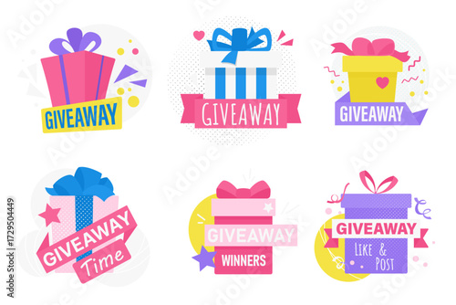 Bright giveaway banners with gift boxes, ribbons, and festive decorations perfect for social media contests, promotions, and marketing campaigns isolated on white background vector illustration