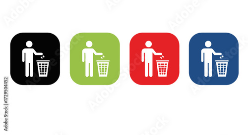 Collection of Four Icons Depicting a Person Disposing of Trash into a Waste Bin Representing Recycling and Proper Waste Management Practices in Different Colored Backgrounds