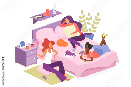 Three women relaxing together on a bed, chatting, eating snacks, and celebrating a hen party in a cozy bedroom setting, perfect for friendship and party themes vector illustration