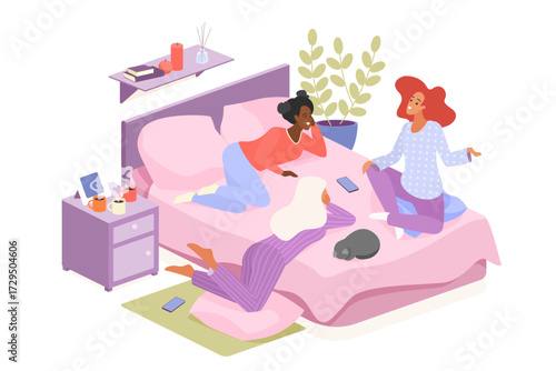 Three women relaxing in pajamas, chatting laughing together during a cozy pajama party at home, perfect for friendship, sleepover, lifestyle concepts isolated on white background vector illustration