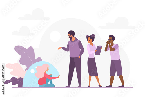 Concept of personal space and social boundaries with group interaction, communication, and emotional support, useful for psychology, education, and awareness topics vector illustration
