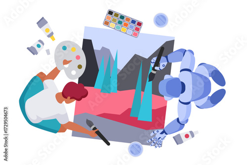 Human artist and robot collaborate on a colorful landscape painting, symbolizing creativity, technology, teamwork, and future innovation in art, isolated on white background vector illustration