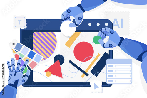 Robotic hands collaborate on a digital art project using creative tools and geometric shapes, symbolizing artificial intelligence in modern graphic design vector illustration