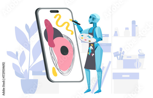 Futuristic robot creating abstract digital art on a large smartphone screen, symbolizing artificial intelligence, creativity, and technology in modern digital design vector illustration