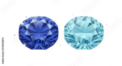 Two Sparkling Gemstones One Deep Blue And One Light Aqua Blue Cut Faceted Round Shaped With A White Background