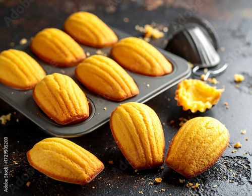 Golden, flaky madeleines in a baking tin