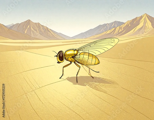 Golden fly in a desert landscape