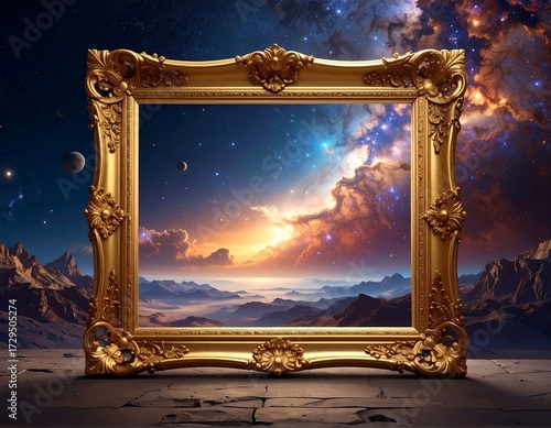 Golden frame showing a cosmic landscape