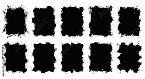 A Collection of Ten Textured Black Rectangular Shapes with Rough Edges Set Against a White Background