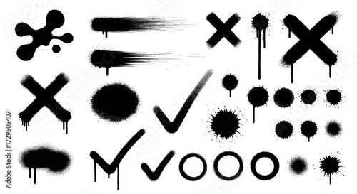 Collection of Spray Paint Splatter and Graffiti Style Marks Including Checkmarks X Marks Circles and Blots Representing Artistic Elements and Design Accents