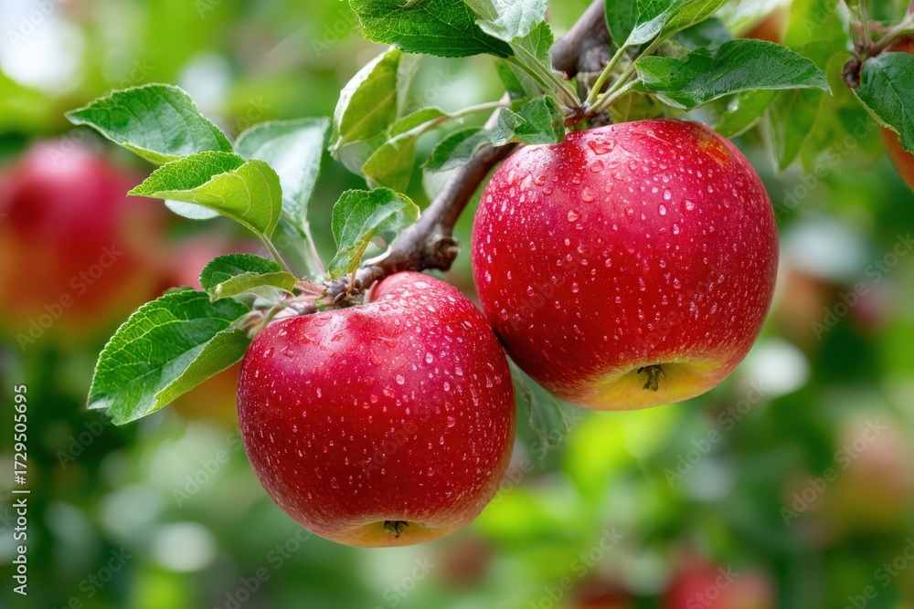 Obraz premium Two ripe red apples with water drops on a branch