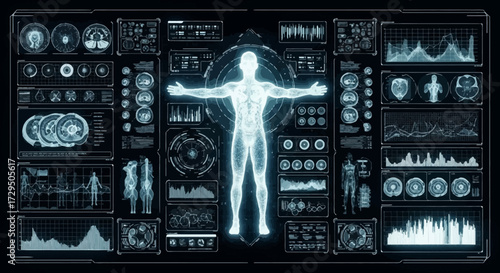 Futuristic Medical Holographic Interface Displaying Human Body Data and Vital Signs Analysis for Advanced Healthcare and Scientific Research