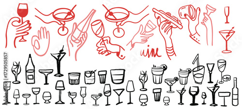 Isolated vector set of wine and alcoholic beverage glasses and tumblers. Hand drawn sketch.Red and black drawing on white background.Cocktails, martini, whiskey, cognac, vodka, gin tonic, beer, brandy