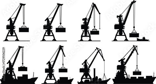 Cargo crane silhouettes, shipping dock, maritime logistics, container loading, industrial port, ship transport, harbor equipment, vessel operation, freight handling, silhouette