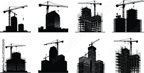 Construction cranes, high rise buildings, urban skyline, modern architecture, city development, industrial silhouettes, building structure, construction site
