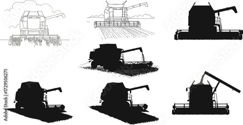 Combine harvester illustrations, agricultural machinery, crop harvesting, field work, line art, silhouette icon, black graphic, unloading auger, farm equipment, tractor design,