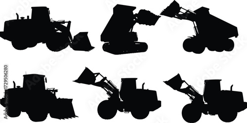 Construction vehicle silhouettes, excavator icon, front loader, earth mover, industrial machinery, black graphic, heavy equipment, tracked loader, wheeled 