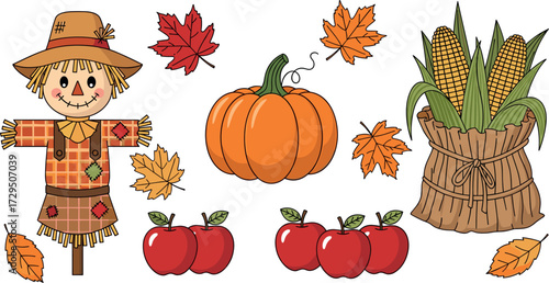 Cartoon image of scarecrow, pumpkin, corn, apples, and fall leaves on transparent background