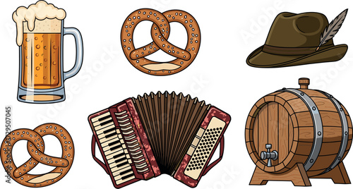 Oktoberfest cartoon icons: beer, pretzels, hat, accordion, and barrel on transparent background