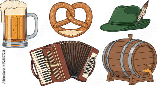 Oktoberfest themed illustration with beer, pretzel, hat, accordion, and keg on transparent background