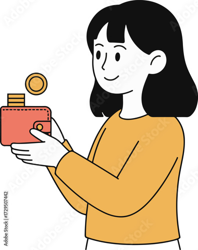 Vector art of a young woman is putting coins into her wallet, she is wearing a yellow sweater and has black hair the wallet is red and the coins are gold she is smiling and looking at the wallet