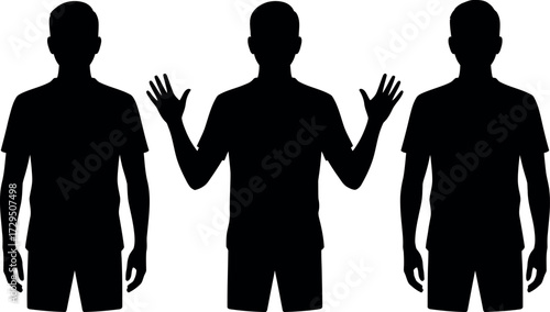 Black silhouettes of three men with one raising his hands