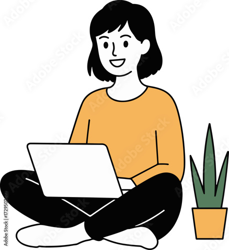 Vector art of a cheerful woman sits crosslegged on the floor, working on her laptop with a smile, accompanied by a potted plant, she is wearing a yellow shirt and black pants