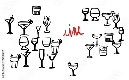 Isolated vector set of wine and alcoholic beverage glasses and tumblers. Hand drawn sketch.Red and black drawing on white background.Cocktails, martini, whiskey, cognac, vodka, gin tonic, beer, brandy
