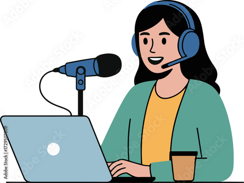 Vector art of a woman is recording a podcast from her home office, she is wearing headphones and speaking into a microphone while looking at her laptop screen, with a cup of coffee nearby
