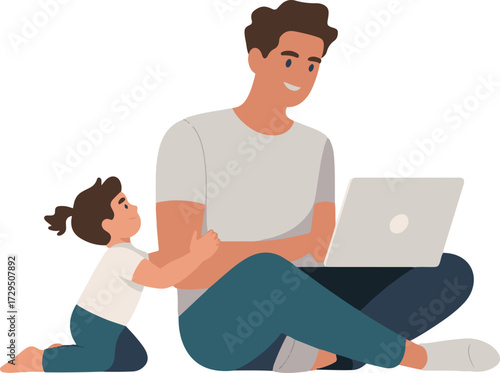 Vector art of a father is working from home on his laptop while his young daughter is trying to get his attention, it shows the challenges of balancing work and family life
