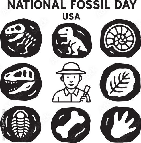 Art & IllustrationNational Fossil Day black Icons Set – Dinosaur, Fossil, Paleontology, USA Celebration Vector Pack.