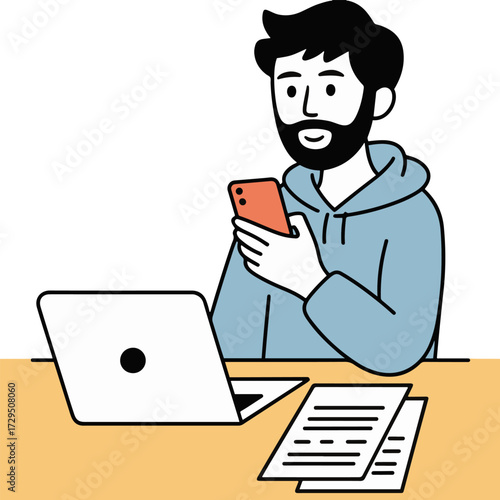 Vector art of a man with a beard is working from home, using his laptop and phone while sitting at a desk with papers, he is wearing a blue hoodie and looks focused on his work