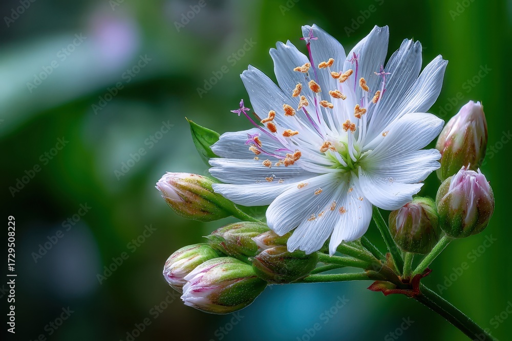 Fototapeta premium White flower with buds on green background