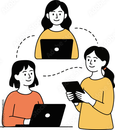 Vector art of a network of three women connected through laptops and tablets, symbolizing remote collaboration and communication, they are smiling and engaged in online interaction