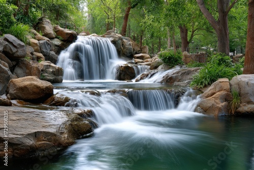 Tranquil Waterfall Cascading Over Rocks in Lush Green Garden