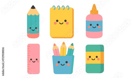 Cute cartoon style school supplies with smiling faces for classroom or study decor